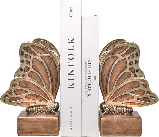 Vintage Brown Butterfly Bookends,Resin Book Ends for Shelves,Heavy Duty Decorative Bookends,Creative Book Stopper Holder Decor for Desk Home Office,Shelf Decoration,Gifts for Mother's Day