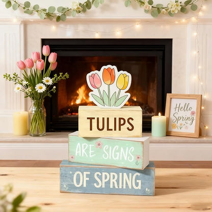 Spring Decoration Wooden Tiered Tray Decor – Tulips Spring Stacked Block Sign with Floral Accent – Farmhouse Tabletop Spring Decor for Shelf Mantel Seasonal Home Display