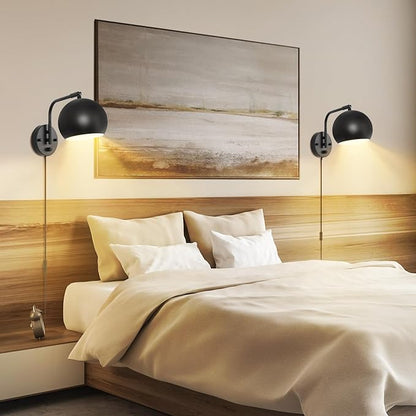 Plug in Wall Sconces, Dimmable Wall Sconce Swing Arm Wall Lights with Plug in Cord and Dimmer On/Off Knob Switch, Black Globe Wall Light for Bedside Bedroom Bathroom(1 Bulb Included)