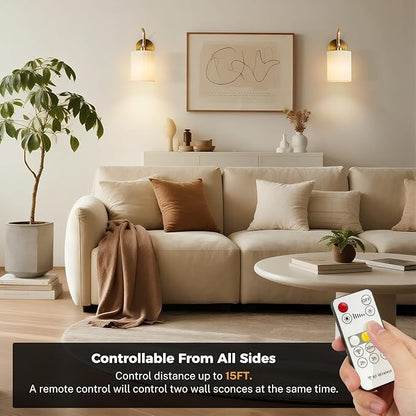 Battery Operated Wall Sconce Set of Two, Pleated Fabric Rechargeable Wireless Wall Sconces with 13000mAh Bulb & Dimmable, Battery Sconces Wall Light Decor Set of 2 for Living Room, Gold