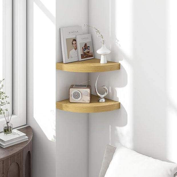 Fun Memories Floating Corner Shelves Set of 2 - Rustic Wood Wall Mounted Storage and Display Shelves for Living Room, Bedroom, Kitchen, Bathroom - Space Saving Home Decor, Oak