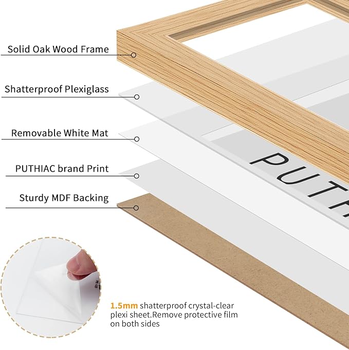 puthiac 8x12 Solid Oak Wood Picture Frame, Fits 6x8 with Mat or 8x12 Without Mat, Wall or Tabletop Display with Stand, Vertical or Horizontal, Plexi Front, 1 Pack, Natural Oak