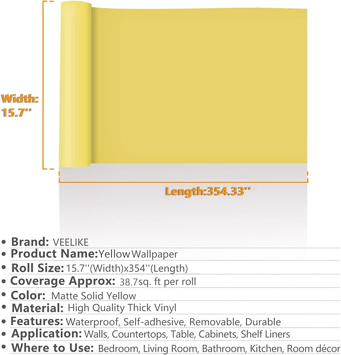 VEELIKE 15.7''x354'' Yellow Wallpaper Stick and Peel for Bedroom Matte Solid Color Yellow Contact Paper Vintage Self Adhesive Waterproof Removable Vinyl Film for Wall Cabinets Drawer Countertops Table