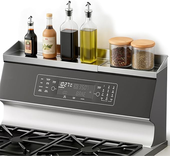 RECAPS 30" Adjustable Length Stove Top Shelf - Stainless Steel Stove Shelf, Spice Rack Over Stove for Kitchen Stove, Kitchen Shelf for Back of Stove with Double-sided Tape, Fit for Flat Top Only