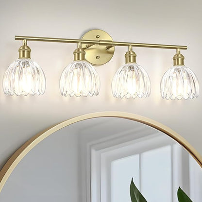 Vintage Bathroom Light Fixtures,4-Light Hardwired Vanity Lights with Clear Tulip Glass Shade,Gold Bathroom Vanity Light for Mirror Restroom,E26 Socket,25.2 in(Bulbs Not Included)