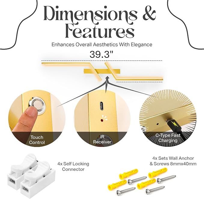 1-Pack Battery Operated Wall Sconce - 39 Inch Gold Modern LED Light for Bedroom - Wireless Sconces with Remote and Rechargeable Battery - Dimmable Wall Scones for Gold Home Decor