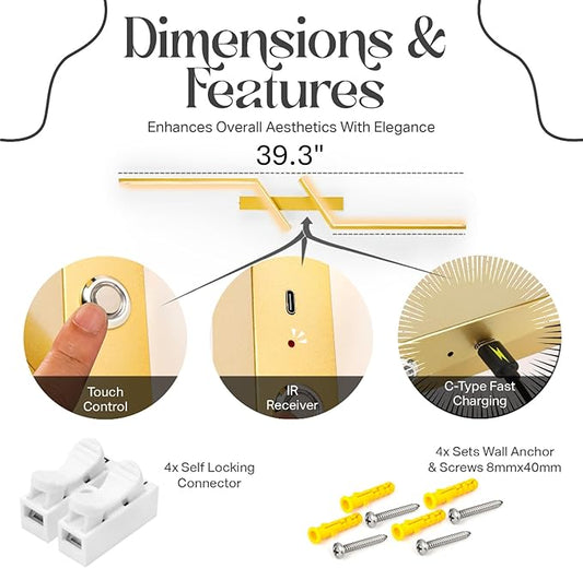 1-Pack Battery Operated Wall Sconce - 39 Inch Gold Modern LED Light for Bedroom - Wireless Sconces with Remote and Rechargeable Battery - Dimmable Wall Scones for Gold Home Decor