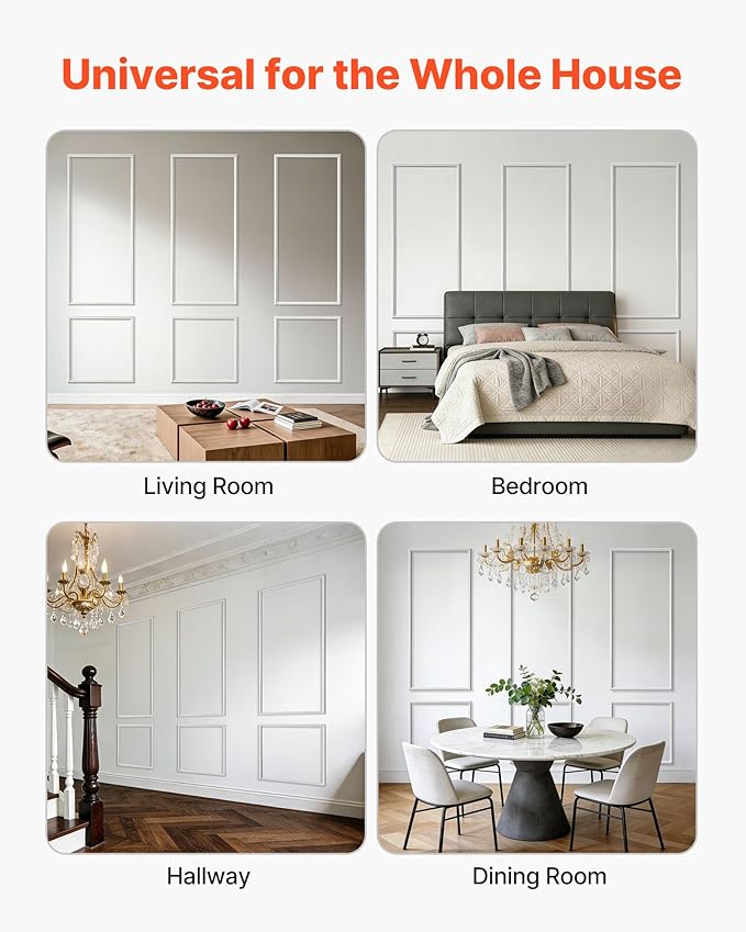 VEVOR Wall Molding 3 Pack, Wainscoting Panels Kit, Lightweight Paintable Polystyrene, Easy to Install, Waterproof Accent Wide Profile Trim for Interior Living Room, Bedroom,White (24x54 + 24x24 in)