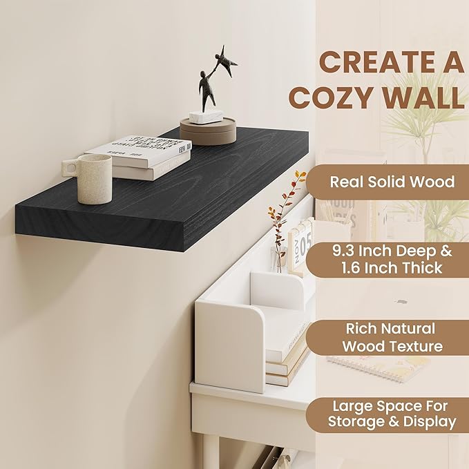 9.3 Inch Deep Floating Shelves, Black Solid Wood Floating Shelf Wall Mounted, 36 x 9 Large Display & Storage Shelves for Books, Living Room, Bathroom, Rustic Wooden Wall Shelves, Heavy-Duty, Set of 2