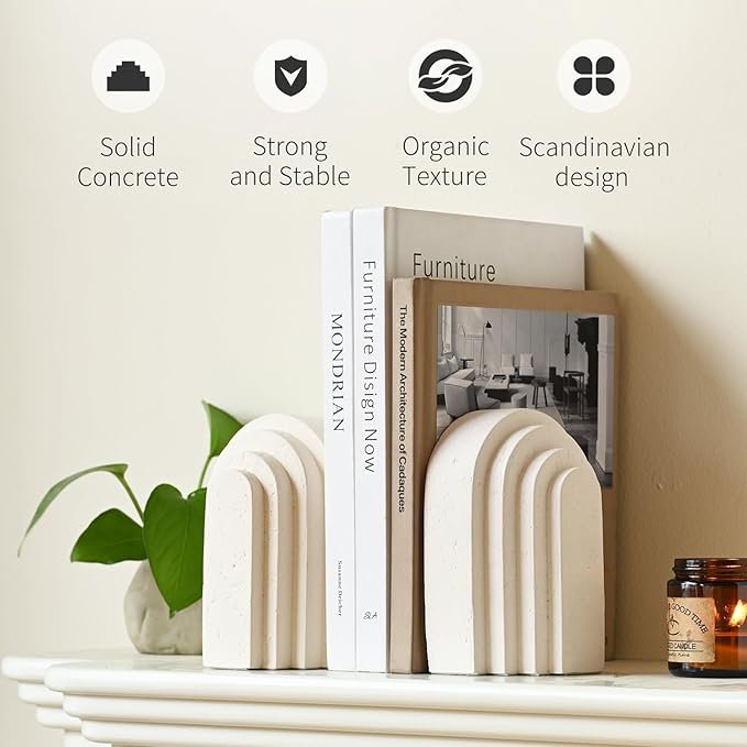 Decorative Bookends for Shelves, Set of 2 Book Ends for Heavy Books, Layered Arch Design Beige Bookend