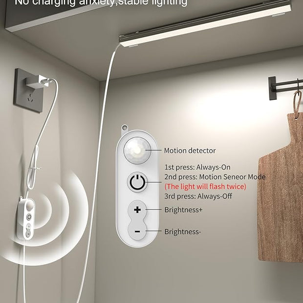 ASOKO Motion Sensor Dimmable Led Under Cabinet Lighting,12 inches Plug in Led Counter Light Bars, Daylight White 4500K Led Light Bar for Kitchen/Closet/Wardrobe/Shelf/Desk/Display Case
