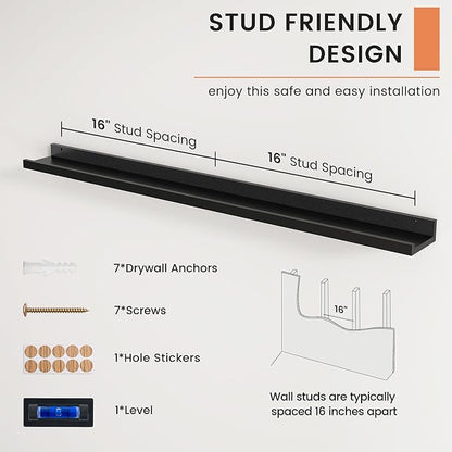 Picture Ledge Shelf, Floating Shelves Set of 2, 48 Inches Long Large Nursery Book Shelves for Toys Storage, Kids Bookshelf Wall Mounted for Living Room Bedroom Decor Books Photo Frames, Black