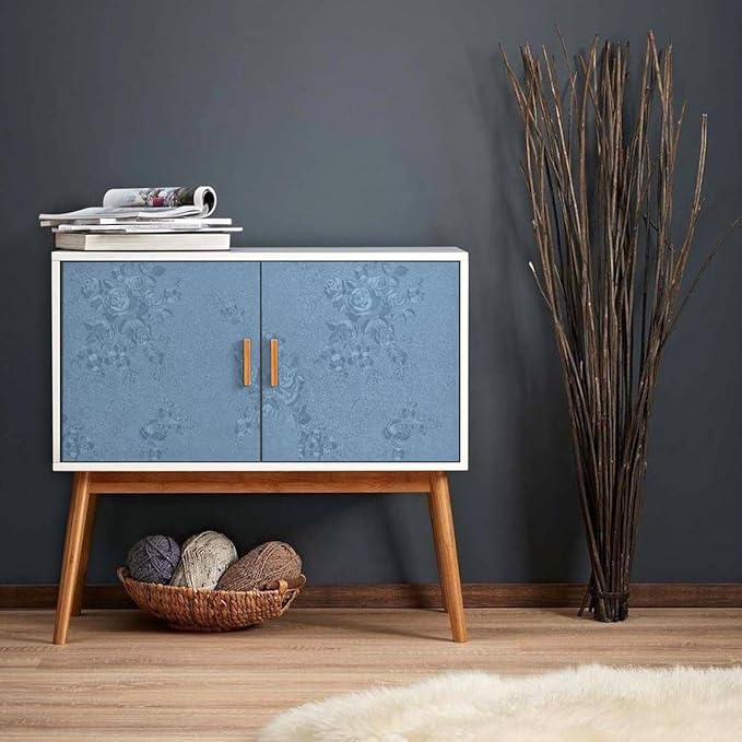Blue Peel and Stick Wallpaper Floral Textured Wallpaper 17.7inch x 393.7inch Floral Embossed Contact Paper Grey Blue Self Adhesive Decorative Wall Paper Removable Cabinets Shelf Liner Vinyl