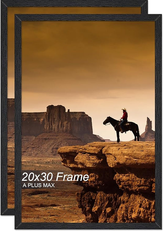 A PLUS MAX 20x30 Picture Frame Set of 2, Black Engineered Wood Frame for 20 x 30 Inch Picture Poster Photo, Light Weight 20 by 30 Frame with Wood-grain for Wall - 2 Pack/Black/20 x30