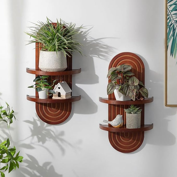 Mid Century Wall Shelves: Large 2-Tier Walnut Boho Floating Shelves Arched Modern Wall Decor for Bathroom Bedroom Living Room Entryway