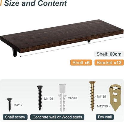 SKYSEN Floating Shelves for Wall Set of 6, 23.6in Wood Wall Shelf for Decor, Bathroom, Bedroom, Storage, Book,Kitchen, Living Room - Dark Brown(fs-60-d)