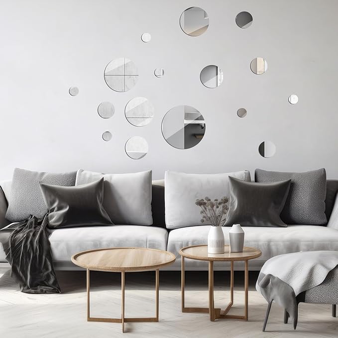 Jetec 16 Pcs Real Glass Round Mirror Tiles Frameless Round Wall Mirrors Glass Mirror Tiles Wall-Mount Mirrors with Acrylic Double Sided Adhesive for Bedroom Bathroom Craft