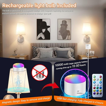 Wall Sconce Battery Operated Wall Light Fixure with Remote Control, Dimmable Battery Operated Wall Sconces Set of Two, Indoor Wireless Wall Mounted Lamp with Rechargable Bulb for Bedroom Living Room