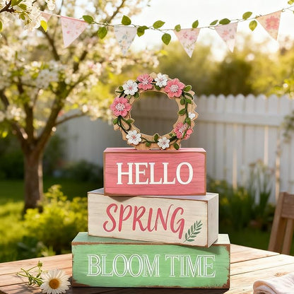 Spring Decoration Wooden Tiered Tray Decor – Rustic Hello Spring Bloom Time Stacked Block Sign with Floral Wreath Topper – Farmhouse Tabletop Spring Decor for Living Room Shelf Kitchen Coffee Bar Entryway Seasonal Home Display