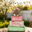 Spring Decoration Wooden Tiered Tray Decor – Rustic Hello Spring Bloom Time Stacked Block Sign with Floral Wreath Topper – Farmhouse Tabletop Spring Decor for Living Room Shelf Kitchen Coffee Bar Entryway Seasonal Home Display