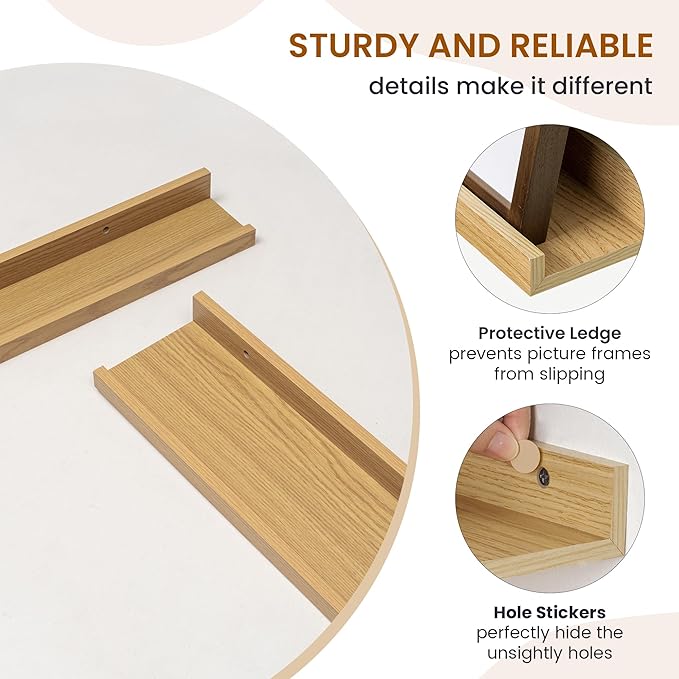 Axeman Picture Ledge Shelf, Floating Shelves for Decor Storage Set of 6, 16 inch Floating Wall Mounted Shelves, Wall Shelves with Lip for Living Room, Bedroom, Nursery, Bathroom, Kitchen, Oak