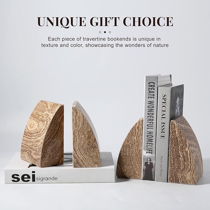Koville Travertine Bookends for Shelves, Large Stone Bookends for Heavy Books, Non-Slip Heavy Duty Book Stopper for CD/Movies, Aesthetic Decorative Book Ends for Bookshelf Table Home Decor(Brown)