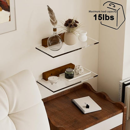 Acrylic Floating Shelves with Solid Wood Base, Wall Mounted Shelf for Plants, Perfume, Nail Polish, Bathroom, Bedroom & Living Room Décor