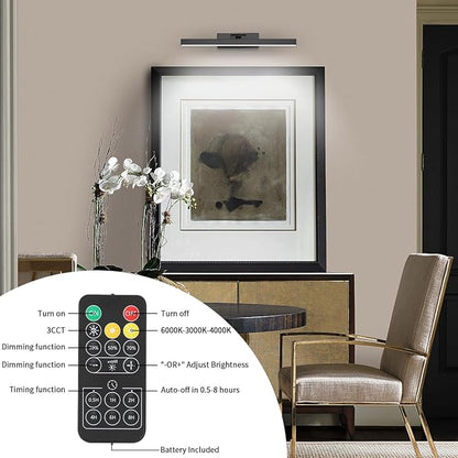 Joosenhouse Wireless Picture Light Battery Operated Gallery Light with Remote Control Rechargeable Wall Lights Black 15.35" Dimmable and Timed Off Wall Sconce Light