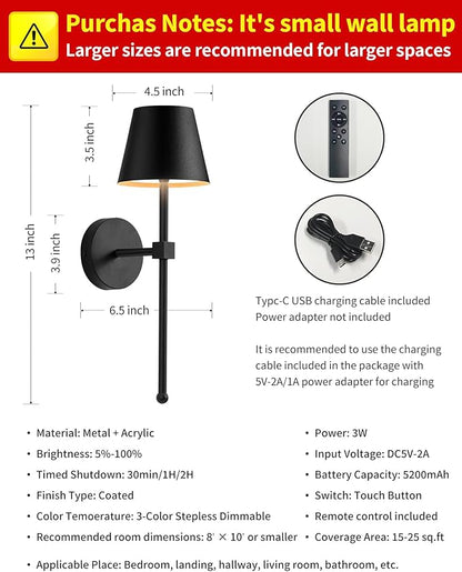 KDG Wireless Wall Sconces Set of 2, Small Cordless 5200mAh Rechargeable Battery LED Wall Lamps, Stepless Dimming Lightings for Wall Painting, Living Room, Bedroom, Hallway, Gifts, Night Light (Black)
