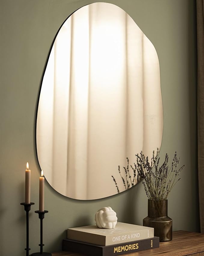 Irregular Frameless Bathroom Mirror,24 x 36 Inch Asymmetrical Wall Mirror with Wood Frame,Vanity Modern Tempered Glass Mirror for Bedroom,Entryway,Living Room