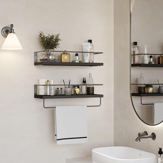Onlysky Black Floating Shelves with Grey Towel Rack - Set of 2 Wall Mounted Hanging Bathroom Shelves, Decorative Shelves for Stylish Storage in Bathroom, Kitchen, Living Room & Bedroom