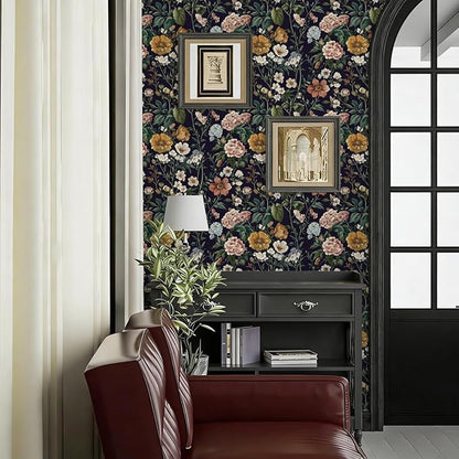 Livebor Floral Peel and Stick Wallpaper Vintage Floral Contact Paper 16.9"x196.8" Dark Flower Wallpaper Peel and Stick Boho Self Adhesive Removable Wall Paper for Cabinets Bathroom Decorative Vinyl