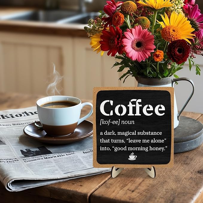 Vintage Coffee Bar Wooden Plaque Desk Sign, Farmhouse Wood Plaque Tabletop Decor for Cafe Bar Kitchen Office,Coffee Station Accessories 5.9x5.9Inch