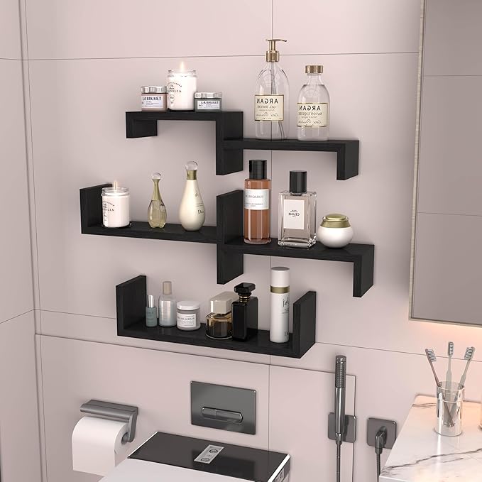 Black Floating Shelves for Wall Shelf for Bedroom, Waterproof Solid Wood Floating Shelves Bathroom，Small Relief Textures, Suitable for Bedroom, Living Rooms, Kitchens, Office, and Bathroom