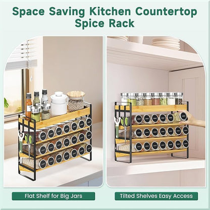 EsLuker.ly Spice Seasoning Rack Organizer Kitchen Countertop, 4 Tier Bamboo Spice Shelf Holder Storage with 4 Hooks, Wall Mounted Freestanding Stand for Pantry, Quick Spice Access(Jars Not Included)