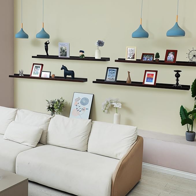 PHOENANCEE Long Floating Shelves for Wall 47 Inch,Real Wood Picture Ledge Shelf with Lip Set of 4,Photo Frame Storage Display for Living Room Nursery Bedroom Bathroom Kitchen Home Decor (Dark Walnut)