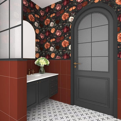 Vintage Floral Peel and Stick Wallpaper Dark Black Rose Floral Contact Paper 17.5'' x 393'' Waterproof Self Adhesive Boho Orange/Red Flowers Wall Mural Wall Paper for Bedroom Stair Cabinet Decor