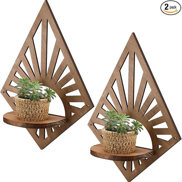 Menkxi 2 Pcs Boho Wall Shelf Mid Century Modern Shelf Wooden Rainbow Floating Shelves Brown Decorative Plant Wall Shelves Natural Vintage Hanging Holder for Nursery Living Room Decor(Diamond)