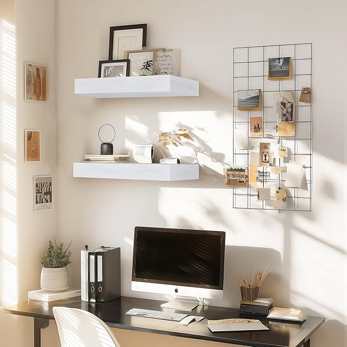17x6.8x2 Inch Rustic Floating Shelves for Wall Set of 2 - White Solid Wood Wall Mounted Shelves with Invisible Bracket, Compact Design for Farmhouse Living Room Bedroom Kitchen Decor