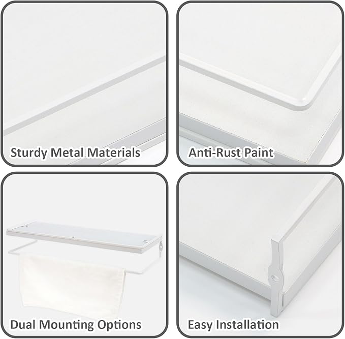 Floating Bathroom Wood Shelves Set of 2 Wall Mounted Shelf with Black Metal Frame and Towel Rack for Bathroom Over Toilet Storage and Organizers for Bedroom Living Room Kitchen Office(White)
