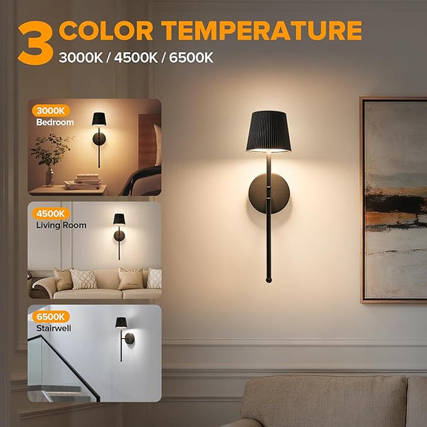 LUTEC Cordless Wall Sconces Set of 2, 5200mAh Wireless Rechargeable Battery Operated LED Wall Lamps, 3 Color Stepless Dimming Portables Lightings for Wall Painting/Living Room/Bedroom/Hallway Decor
