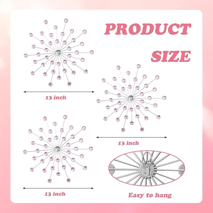 ZEXUIRU 3 Pack Silver Sunburst Wall Decor – Metal Crystal Wall Art with Sparkling Rhinestones, 14’’/18 Inch Starburst Wall Hanging Set for Living Room Bedroom Bathroom – Modern Bling Home Decorations