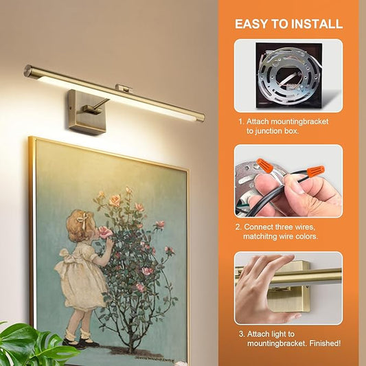 Joosenhouse Modern LED Picture Lights Dimmable 24.4" Inch Antique Bronze Picture Lighting for Paintings Swing Arm with Rotatable Sconces Wall Lamp, 14W (70W Eqv.), Hardwired Connection,Warm White