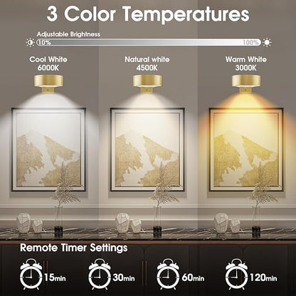 Picture Lights for Wall, 3 Lighting Modes Magnetic Art Display Light,Rechargeable Battery Operated Led Painting Light with Remote Control Dimmable & Timer,3Pack Gold
