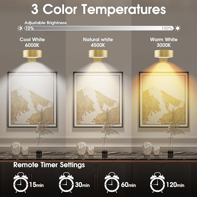 Picture Lights for Wall, 3 Lighting Modes Magnetic Art Display Light,Battery Operated Led Painting Light with Remote Control Dimmable & Timer,6Pack Gold