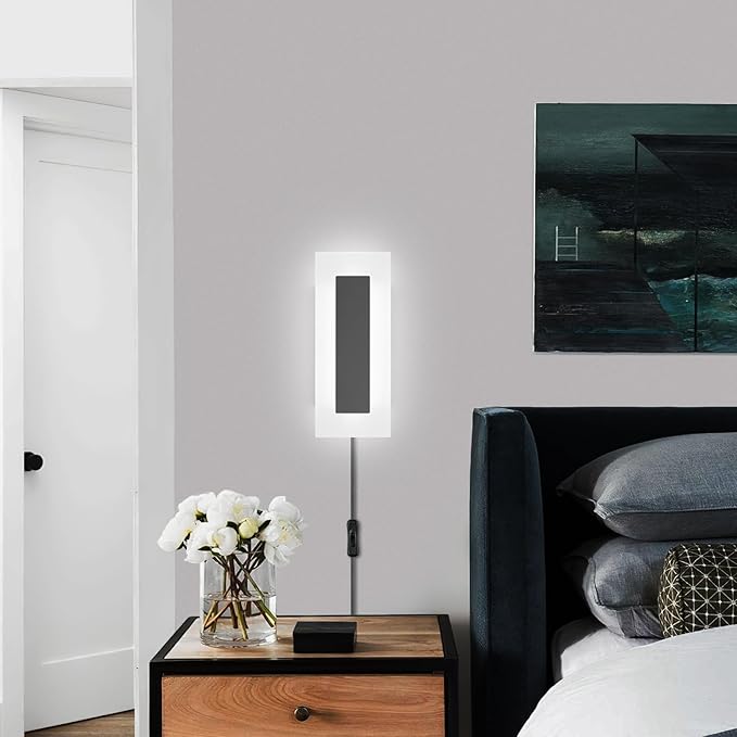 LMQNINE Modern Plug in Wall Sconces Set of Two 9W 6000K Acrylic Black Wall Sconce Wall Lighting with 6ft Plug in Cord and On/Off Switch for Bedroom Living Room Hallway Staircase Corridor