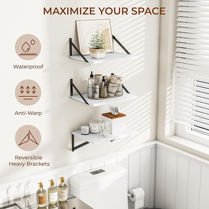 Heimlove Deep Floating Shelves for Wall, 12 Inch Deep Floating Shelves Set of 3, 16W x 12D Wood Wall Shelves, Wide Wood Shelves with Metal Bracket for Living Room, Kitchen, Office, Bedroom - White
