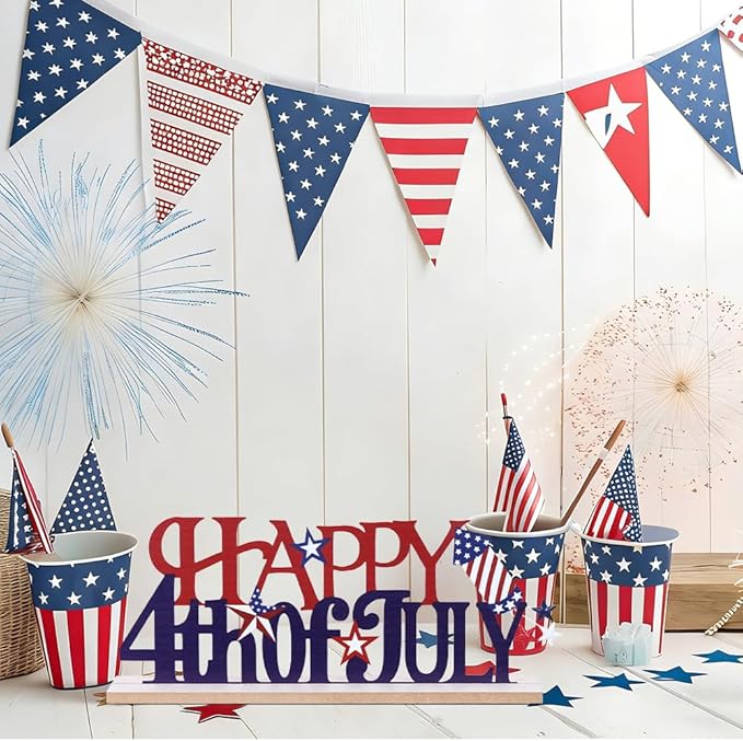 MEETYAMOR 4th of July Decorations, Metal Happy Fourth of July with Wooden Base, Patriotic Independence Day Decor for the Home, Memorial Day, Tiered Tray, Shelf, Table, Mantel