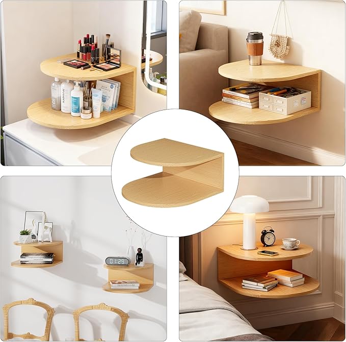 Bamboo Floating Nightstand with Storage Drawer and Modern Open Shelf Cubby，Bedroom, Living Room, Kitchen, Tool Room for use. (Natural, Trumpet)