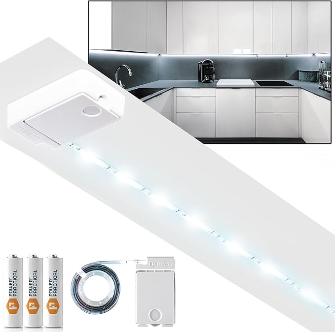POWER PRACTICAL Luminoodle Under Cabinet Lighting - Click LED Light Strip for Shelves, Kitchen Cabinets, & Furniture, 1-Pack Includes Power Button & Tape Adhesive - Daylight White (5000K)